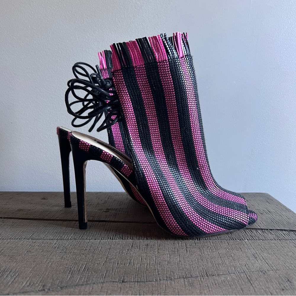 Zara Basic Collection Stilettos Pink/Black Striped Ankle Tie